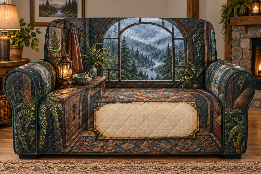 One sofa cover with a rainy arched window, misty pine forest, warm lantern, house key charm and blank parchment name plaque.