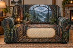 One sofa cover with a rainy arched window, misty pine forest, warm lantern, house key charm and blank parchment name plaque.
