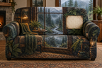 One sofa cover with a rain-beaded cottage window, foggy evergreens, reading chair, amber lamp and blank parchment name plaque.