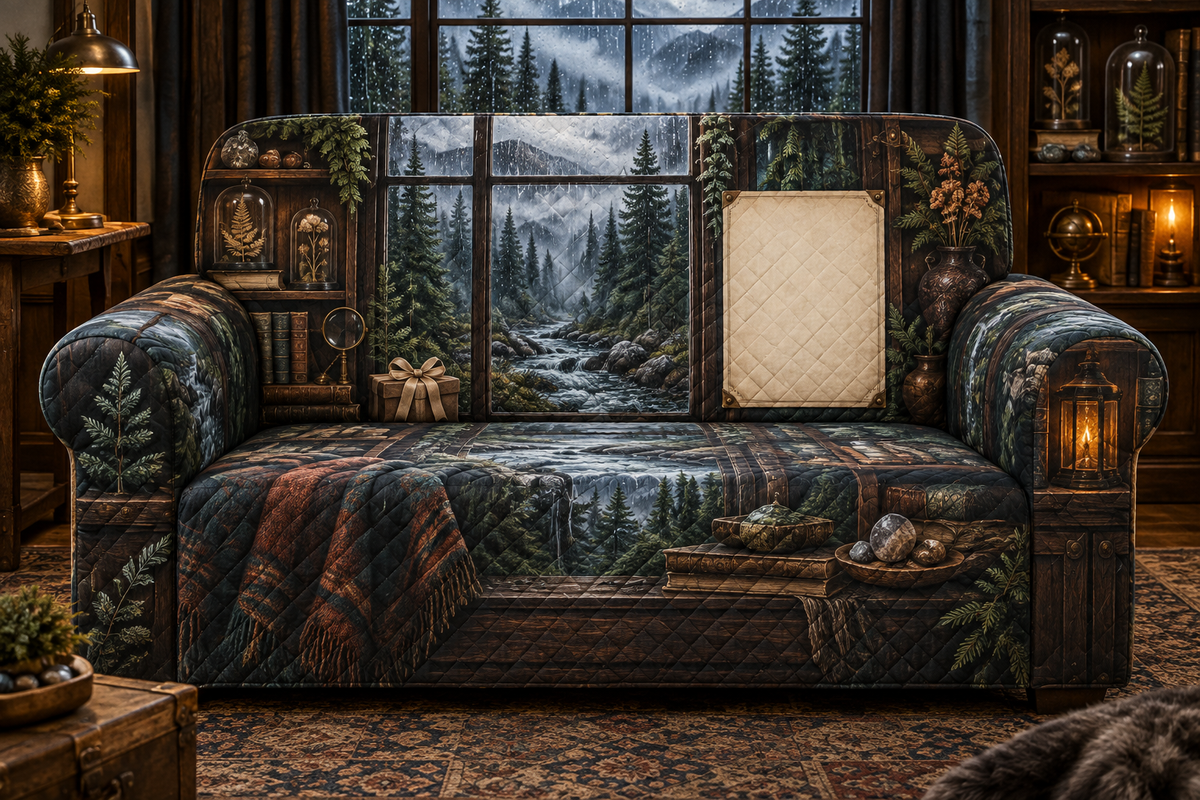 One sofa cover with a rain-streaked forest window, curated botanical specimens, polished stones, wrapped gift and blank parchment name plaque.