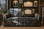 One sofa cover with a rain-beaded loft window, misty pine creek, botanical gallery wall, warm picture lights and blank parchment name plaque.