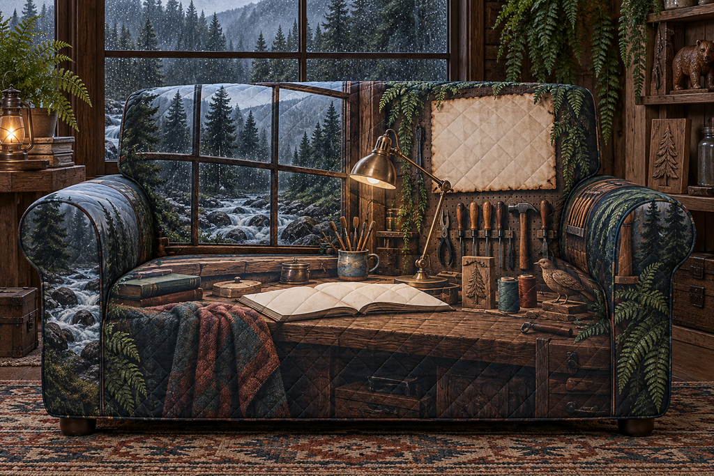 One sofa cover with a rain-speckled workshop window, pine creek, maker tools, brass lamp and blank parchment name plaque.