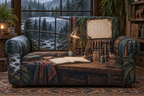 One sofa cover with a rain-speckled workshop window, pine creek, maker tools, brass lamp and blank parchment name plaque.