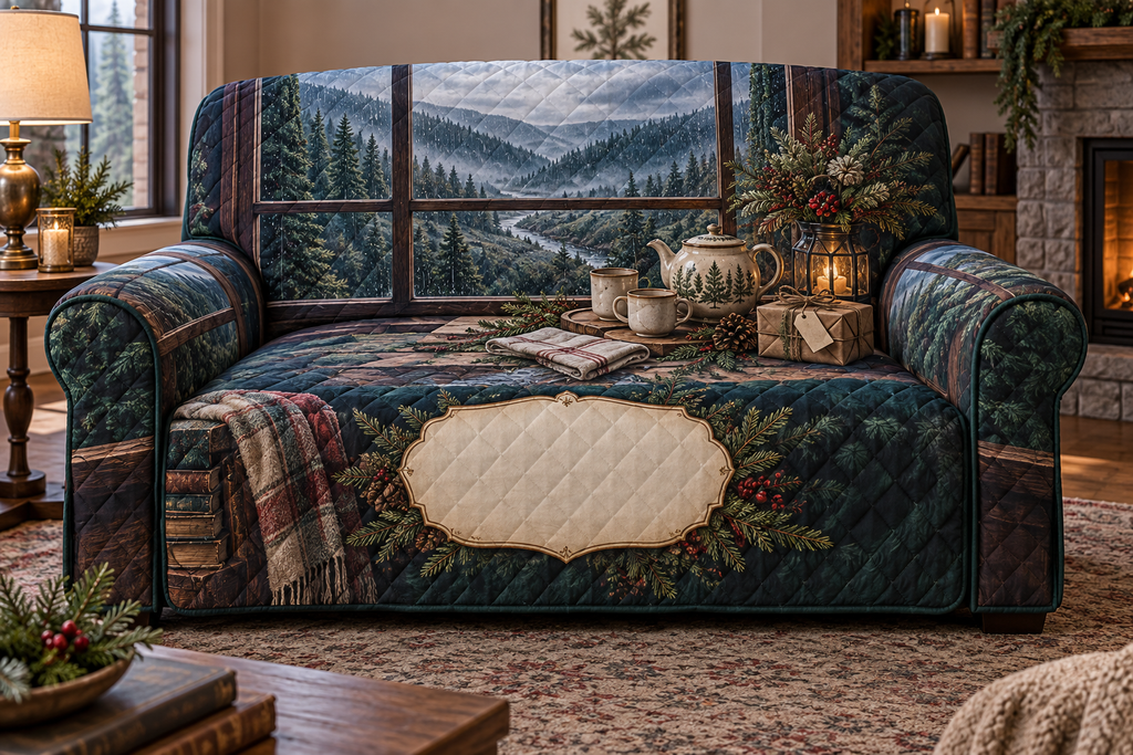One sofa cover with a rain-dappled forest window, tea service, woodland bouquet, wrapped gift and blank parchment name plaque.