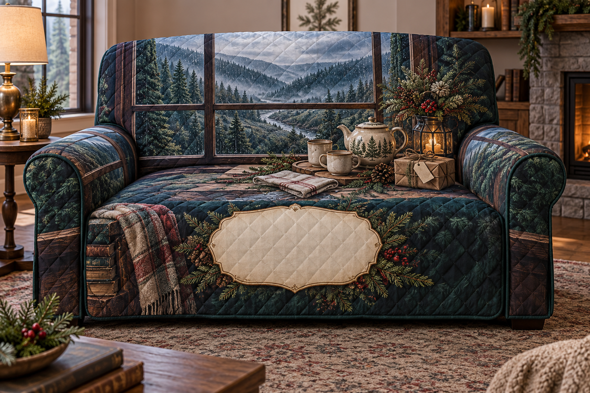 One sofa cover with a rain-dappled forest window, tea service, woodland bouquet, wrapped gift and blank parchment name plaque.