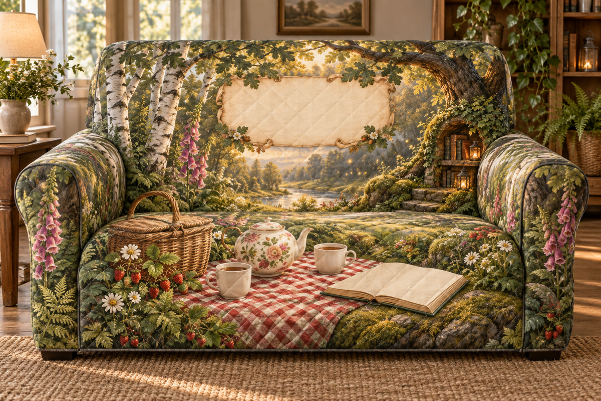 One sofa cover with a woodland tea picnic, mossy reading alcove, wildflowers, strawberries and blank parchment name plaque.