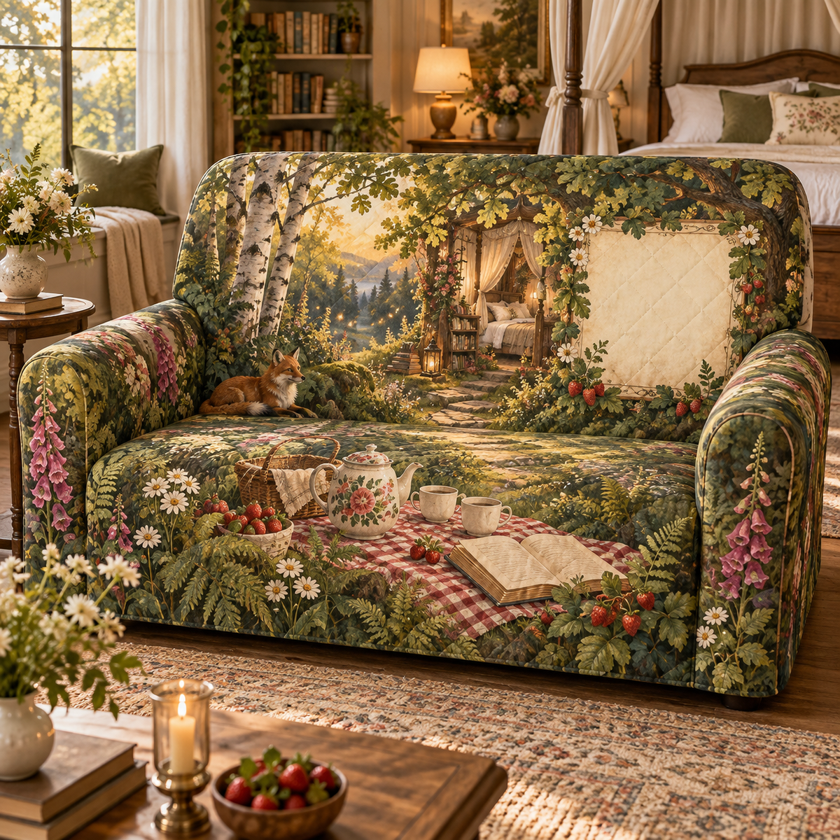 One sofa cover with a woodland tea picnic, dreamy canopy-bed retreat, wildflowers, strawberries and blank parchment name plaque.