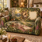 One sofa cover with a woodland tea picnic, dreamy canopy-bed retreat, wildflowers, strawberries and blank parchment name plaque.