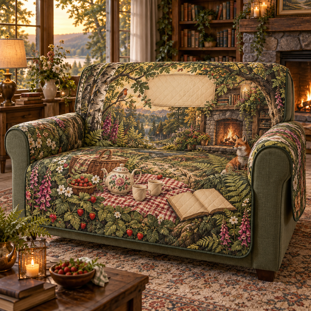 One sofa cover with a woodland tea picnic, stone-fireplace lounge, wildflowers, strawberries and blank parchment name plaque.