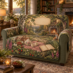 One sofa cover with a woodland tea picnic, stone-fireplace lounge, wildflowers, strawberries and blank parchment name plaque.