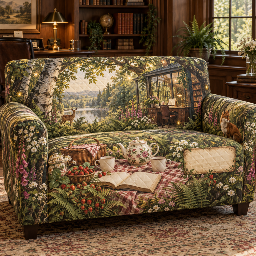 One sofa cover with a woodland tea picnic, glass-walled writing studio, wildflowers, strawberries and blank parchment name plaque.