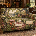 One sofa cover with a woodland tea picnic, glass-walled writing studio, wildflowers, strawberries and blank parchment name plaque.
