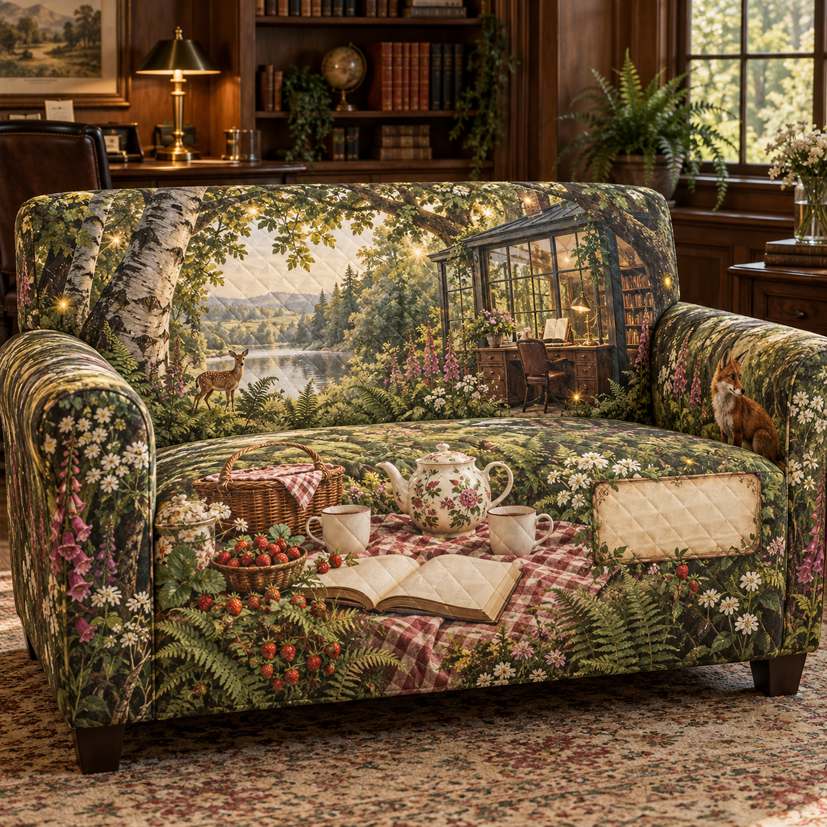 One sofa cover with a woodland tea picnic, glass-walled writing studio, wildflowers, strawberries and blank parchment name plaque.