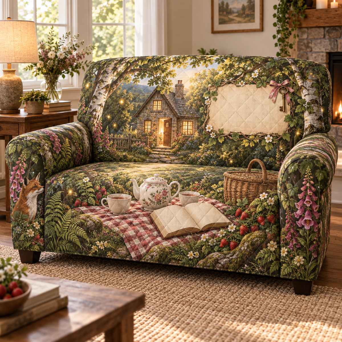 One sofa cover with a woodland tea picnic, welcoming cottage, key, wildflowers, strawberries and blank parchment name plaque.