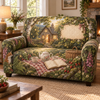 One sofa cover with a woodland tea picnic, welcoming cottage, key, wildflowers, strawberries and blank parchment name plaque.