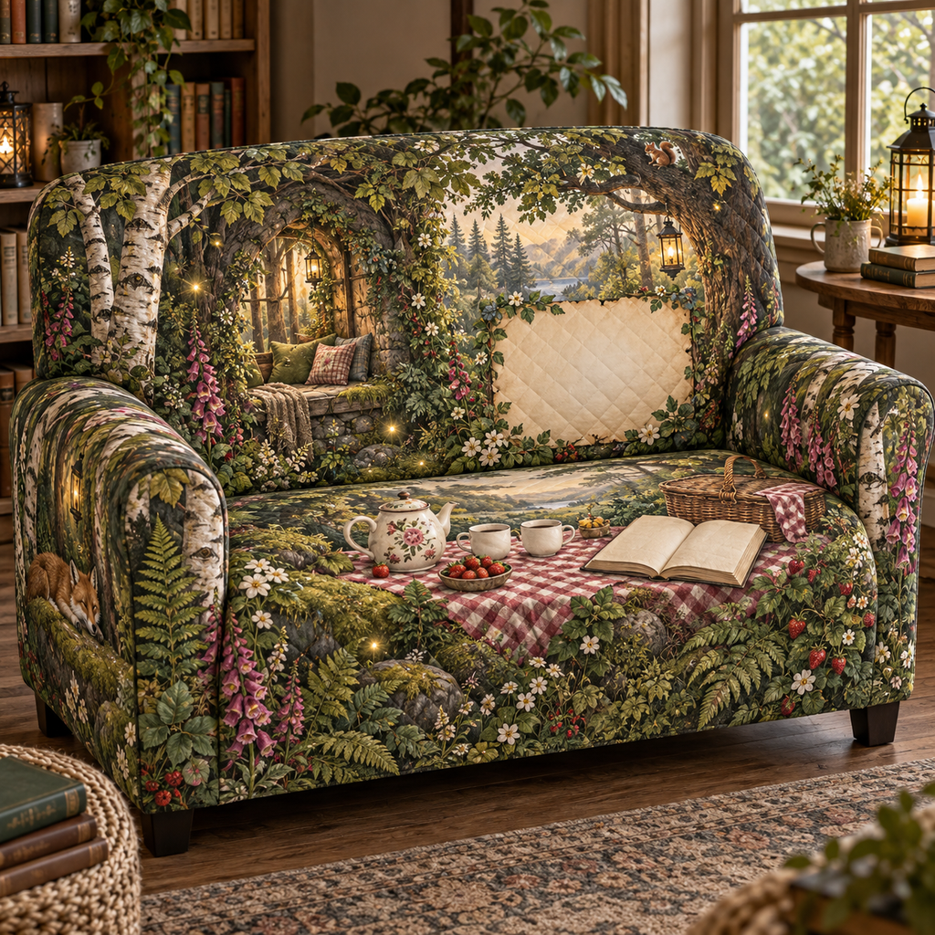 One sofa cover with a woodland tea picnic, lantern-lit window seat, wildflowers, strawberries and blank parchment name plaque.