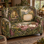 One sofa cover with a woodland tea picnic, lantern-lit window seat, wildflowers, strawberries and blank parchment name plaque.