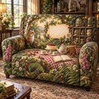 One sofa cover with a woodland tea picnic, curiosity cabinet, berry cake, botanical specimens and blank parchment name plaque.