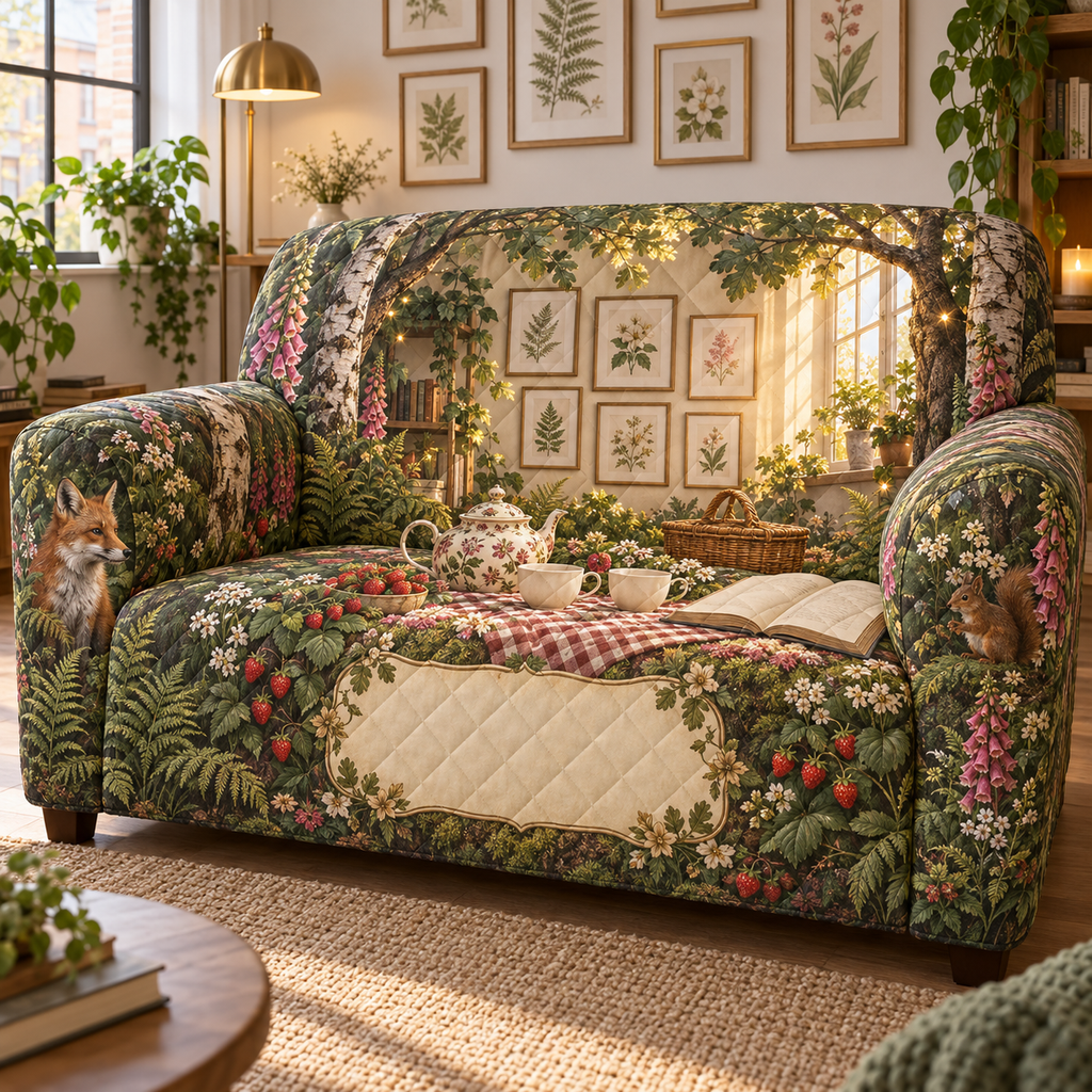 One sofa cover with a woodland tea picnic, apartment botanical gallery, wildflowers, strawberries and blank parchment name plaque.
