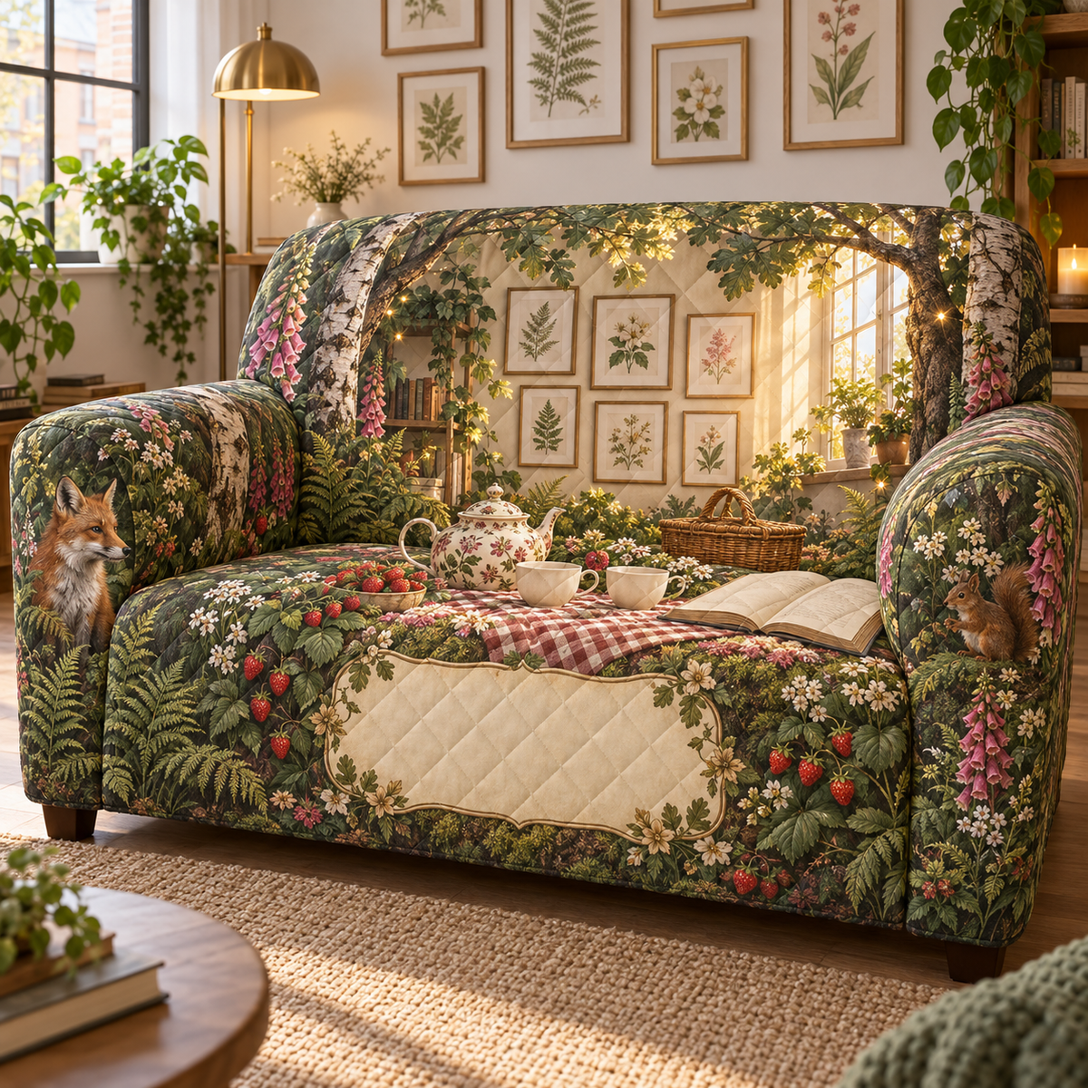 One sofa cover with a woodland tea picnic, apartment botanical gallery, wildflowers, strawberries and blank parchment name plaque.
