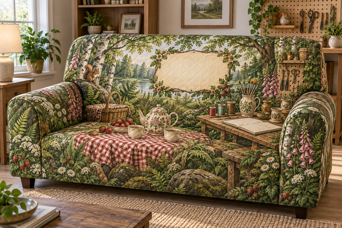 One sofa cover with a woodland tea picnic, home hobby studio, creative tools and blank parchment name plaque.
