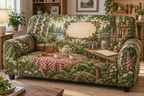 One sofa cover with a woodland tea picnic, home hobby studio, creative tools and blank parchment name plaque.