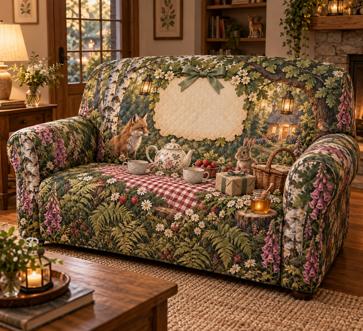 One sofa cover with a welcoming woodland tea picnic, cottage lights, plain gift and blank parchment name plaque.