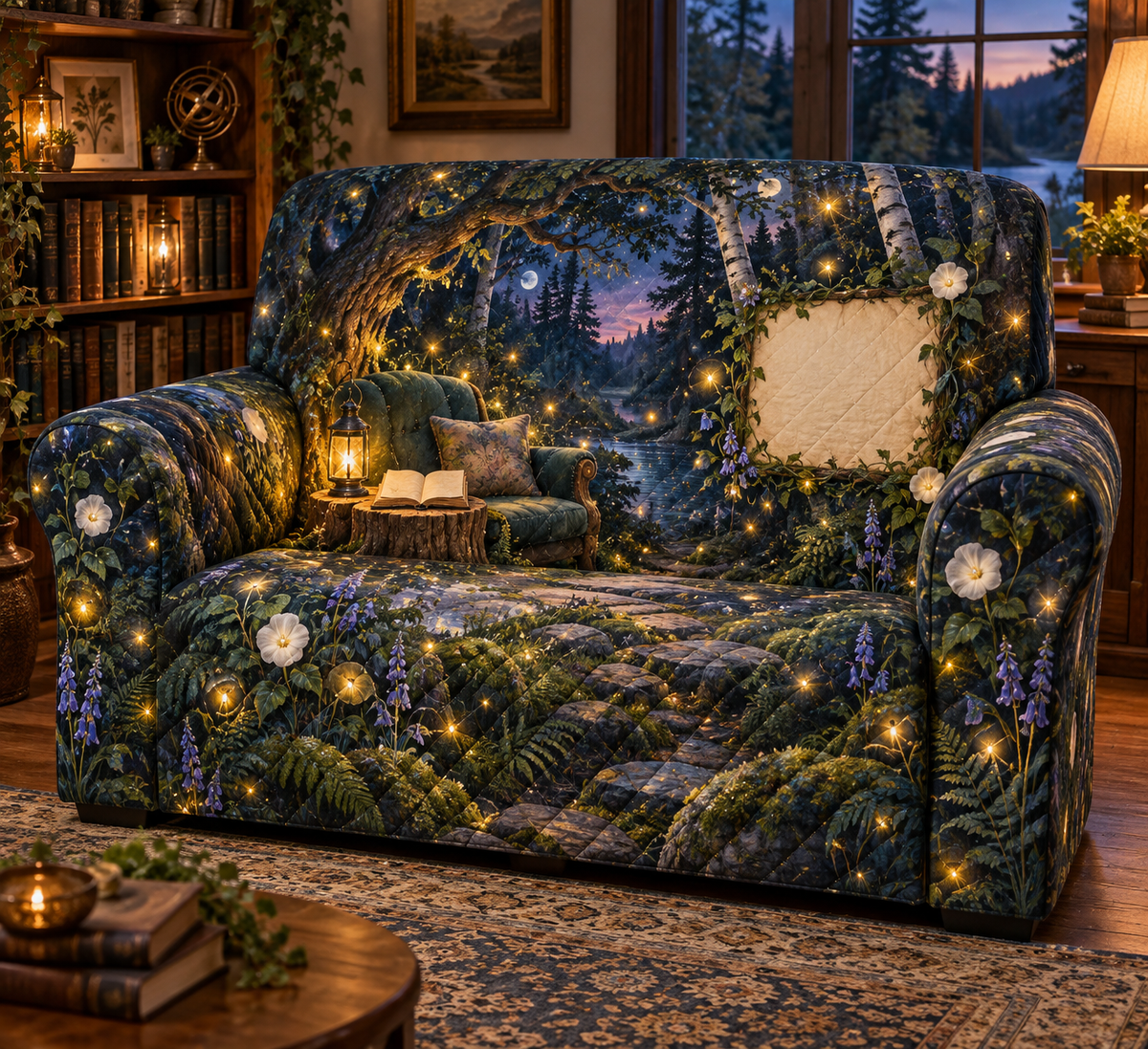 One sofa cover with a twilight firefly clearing, cozy reading chair, blank book pages and parchment name plaque.