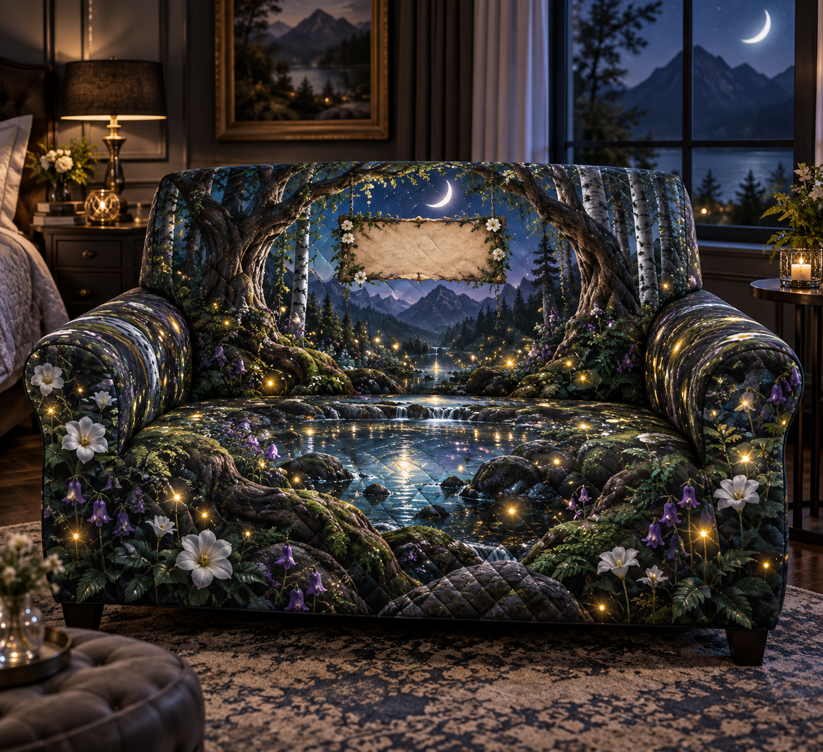 One sofa cover with a dramatic moonlit firefly clearing, reflecting pool and blank parchment name plaque.
