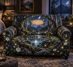 One sofa cover with a dramatic moonlit firefly clearing, reflecting pool and blank parchment name plaque.