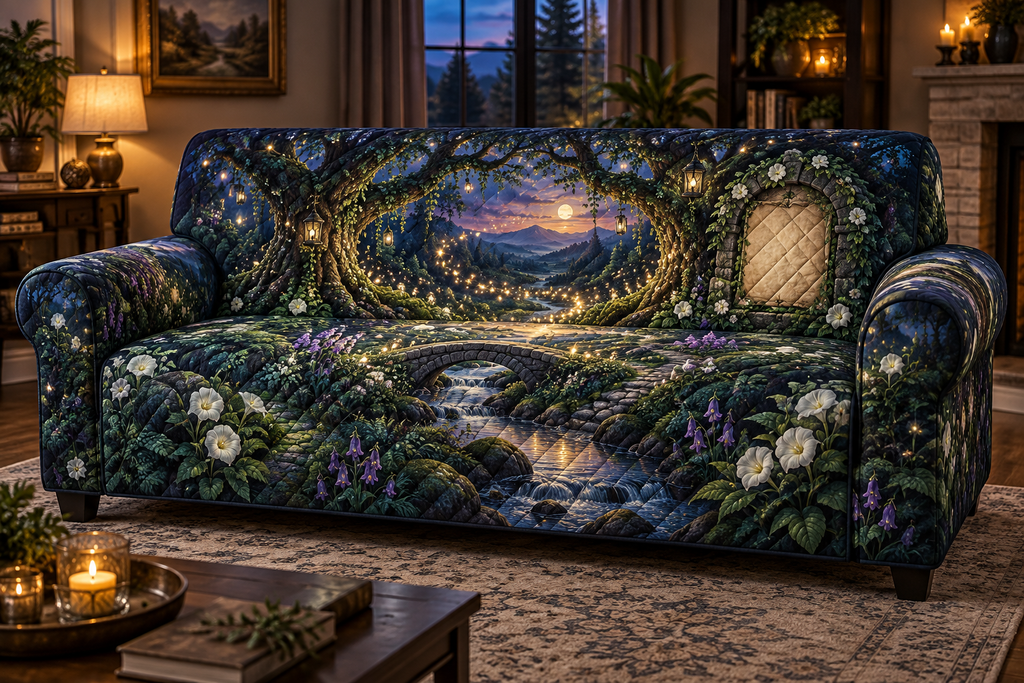 One sofa cover with a grand firefly clearing, tiny stone bridge, winding stream and blank parchment name plaque.