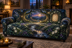 One sofa cover with a grand firefly clearing, tiny stone bridge, winding stream and blank parchment name plaque.