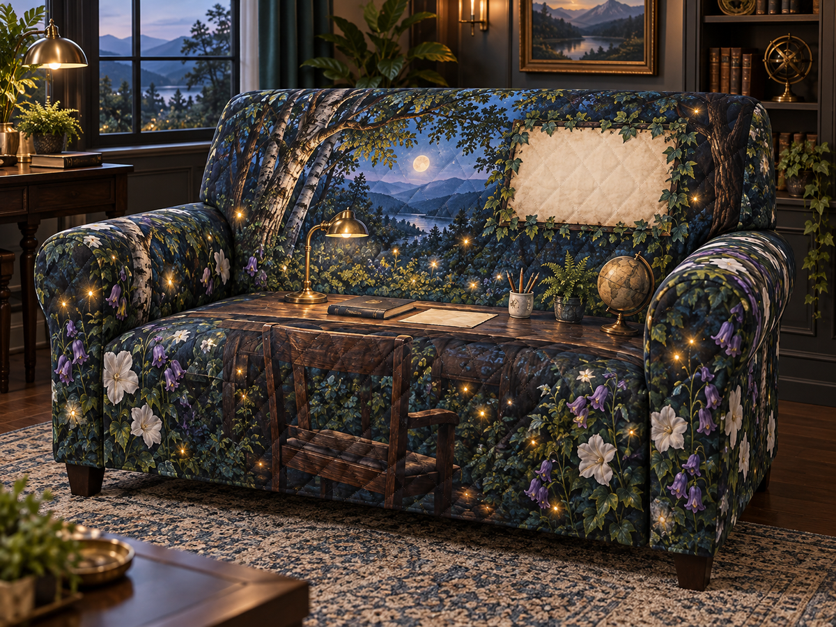One sofa cover with a twilight firefly clearing, refined home-office study and blank parchment name plaque.