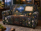 One sofa cover with a twilight firefly clearing, refined home-office study and blank parchment name plaque.