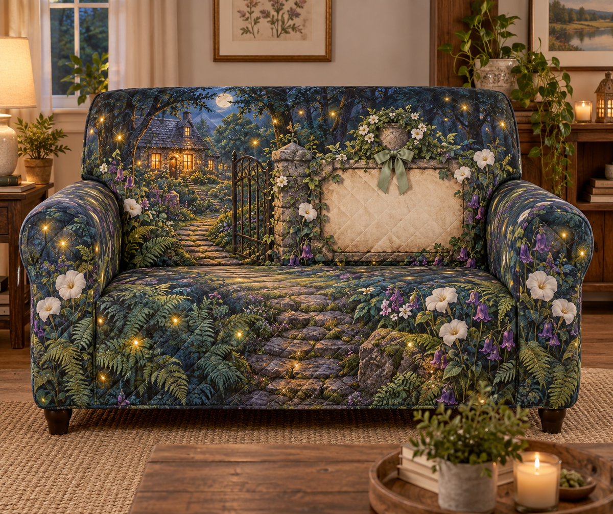 One sofa cover with a glowing firefly cottage, arched gate, antique key and blank parchment name plaque.
