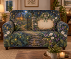 One sofa cover with a glowing firefly cottage, arched gate, antique key and blank parchment name plaque.