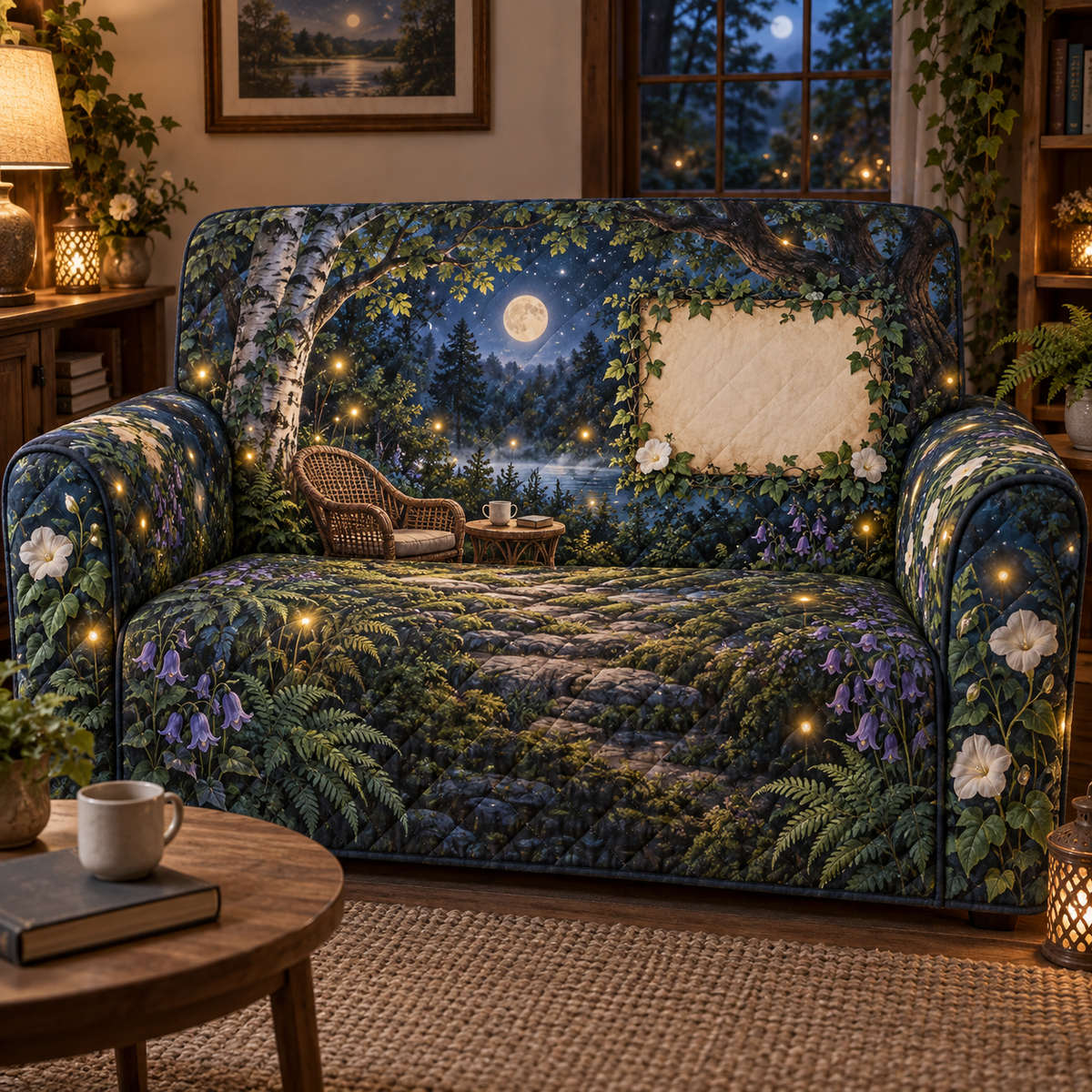 One sofa cover with a tranquil firefly clearing, rattan chair, side table and blank parchment name plaque.