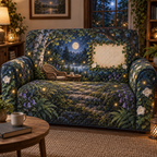 One sofa cover with a tranquil firefly clearing, rattan chair, side table and blank parchment name plaque.