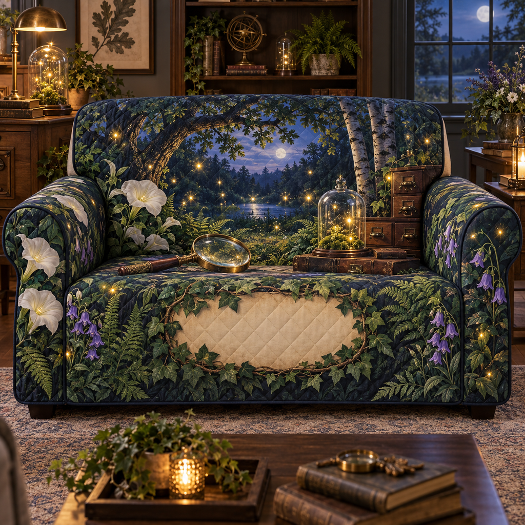 One sofa cover with a firefly clearing, brass magnifying glass, glass cloche, collector drawers and blank parchment name plaque.