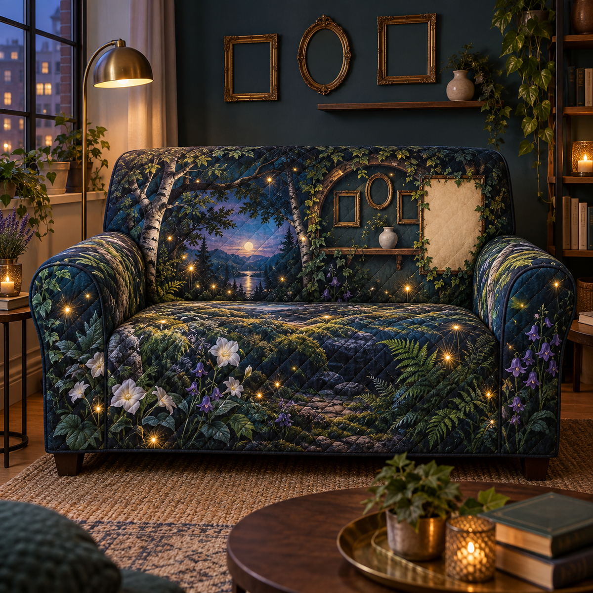 One sofa cover with a firefly clearing, compact gallery alcove, empty frames and blank parchment name plaque.
