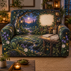 One sofa cover with a firefly clearing, embroidery hoop, paintbrush jar, blank sketchbook and blank parchment name plaque.