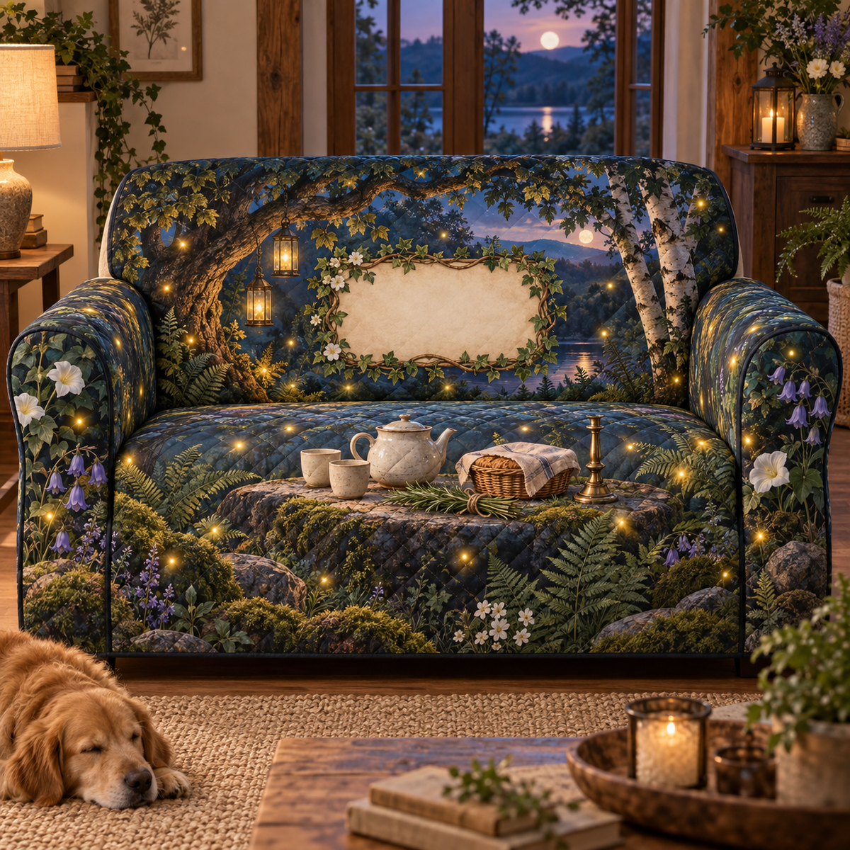 One sofa cover with a firefly clearing, ceramic tea set, covered bread basket, rosemary sprig and blank parchment name plaque.
