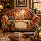 One sofa cover with a sunlit autumn canopy, cozy window-seat reading nook and blank parchment name plaque.