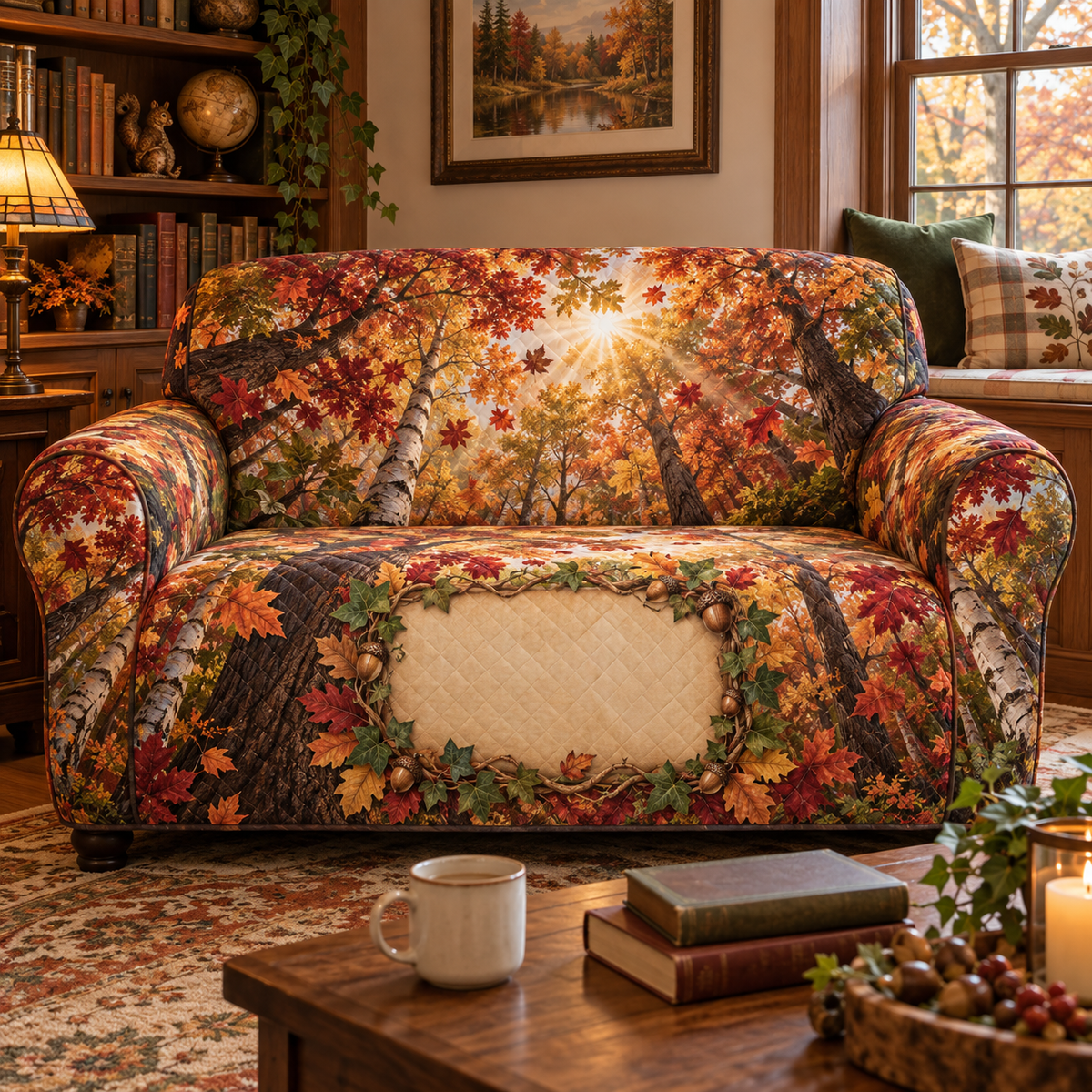 One sofa cover with a sunlit autumn canopy, cozy window-seat reading nook and blank parchment name plaque.