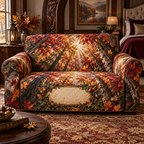 One sofa cover with a dramatic autumn canopy, carved walnut arch, brass lantern and blank parchment name plaque.