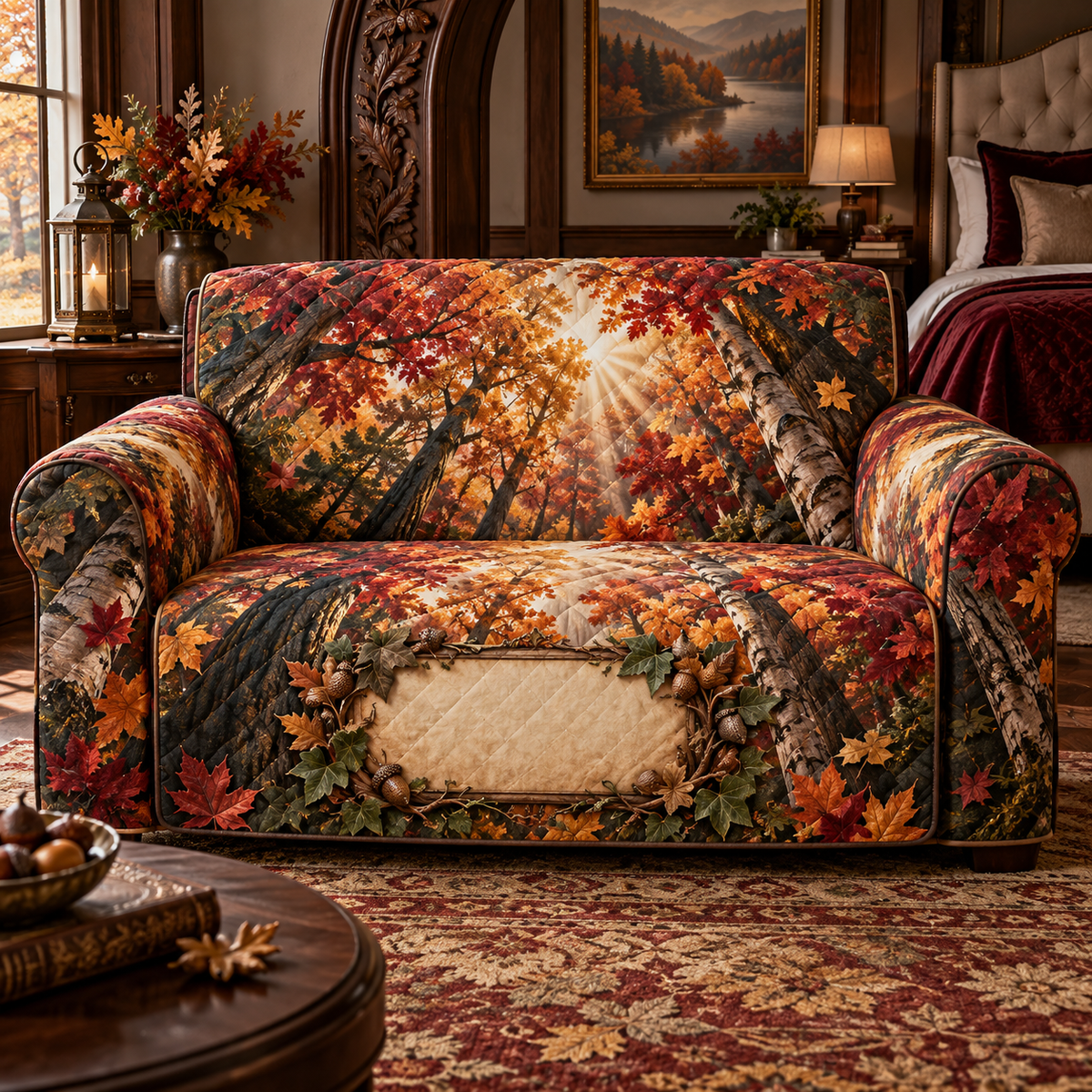 One sofa cover with a dramatic autumn canopy, carved walnut arch, brass lantern and blank parchment name plaque.