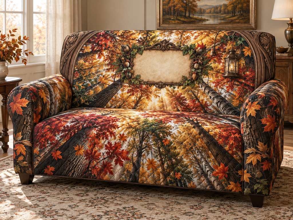 One sofa cover with a dramatic autumn canopy, carved walnut frame, brass lantern and blank parchment name plaque.