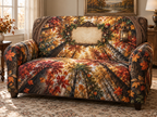 One sofa cover with a dramatic autumn canopy, carved walnut frame, brass lantern and blank parchment name plaque.