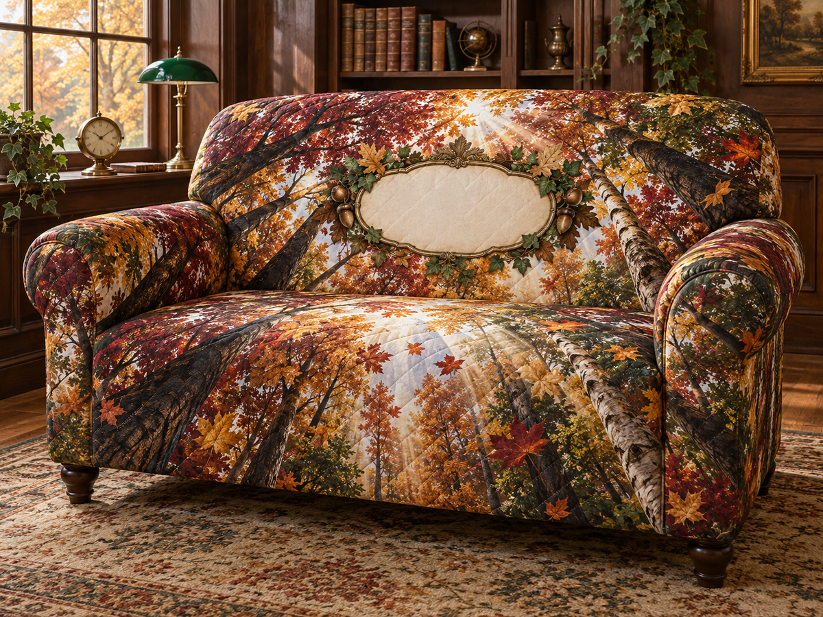 One sofa cover with a vaulted autumn canopy, walnut library arch, banker lamp and blank ivory name plaque.