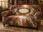 One sofa cover with a vaulted autumn canopy, walnut library arch, banker lamp and blank ivory name plaque.